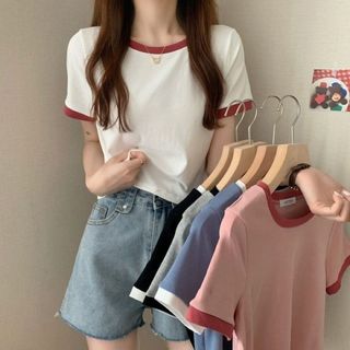 【006440M】半袖　Tシャツ　リンガーシャツ　ホワイト　Mサイズ(Tシャツ(半袖/袖なし))