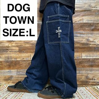 DOG TOWN - ドッグタウンバギーデニムカーゴパンツジーンズ極太w32刺繍b系ストリート黒龍濃紺