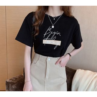 【大人気】 レディース Tシャツ 半袖 黒 着痩せ 韓国 おしゃれ シンプル 夏(Tシャツ(半袖/袖なし))