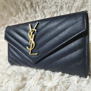 Saint Laurent - 美品 SAINT LAURENT キルティング 長財布 折り財布 ネイビー