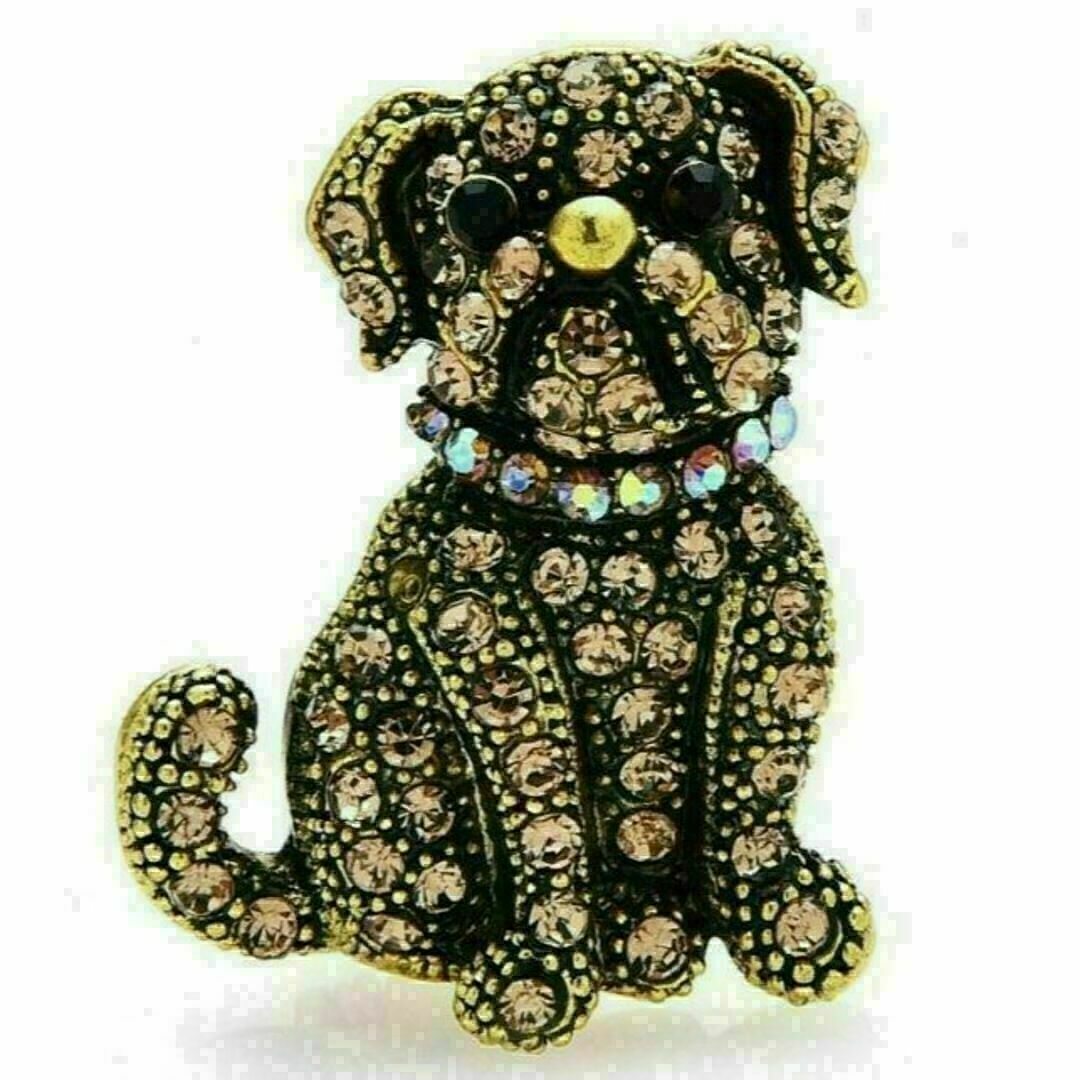 犬ブローチ❤ラインストーンが綺麗♪アンティークなゴールド系　パグ、フレンチブル レディースのアクセサリー(ブローチ/コサージュ)の商品写真