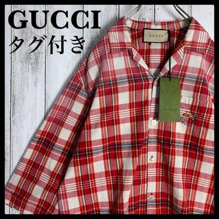 グッチ(Gucci)の【タグ付き・極美品】グッチ☆ワンポイント刺繍ロゴ入りチェック柄半袖シャツ(Tシャツ/カットソー(半袖/袖なし))