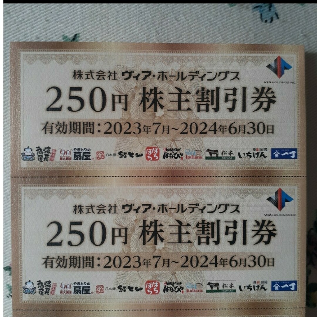 ヴィアホールディングス株主割引券（250円×2枚） チケットの優待券/割引券(レストラン/食事券)の商品写真