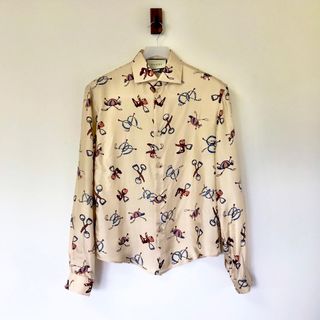 確実正規品 GUCCI 総柄シルクシャツ ベージュ ホースビット ミケーレ