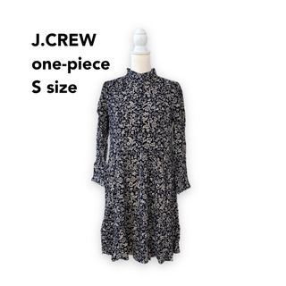 ジェイクルー(J.Crew)のジェイクルー　膝丈ワンピース　長袖　総柄　花柄　ボタニカル　黒色　Sサイズ(ひざ丈ワンピース)