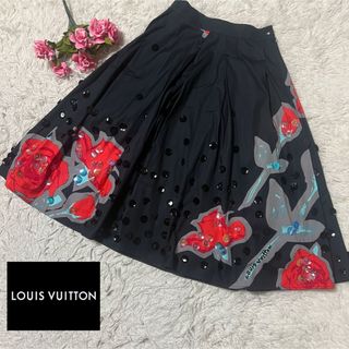 ルイヴィトン(LOUIS VUITTON)の【美品】ルイヴィトン　スパンコール　スカート　ブラック　36 ロゴ　グラフィティ(ひざ丈スカート)