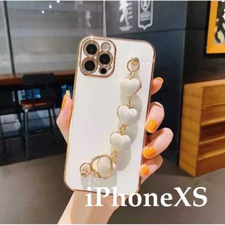 iPhoneXSケース ホワイト ハートチェーン ソフトカバー ストラップ 白(iPhoneケース)