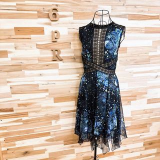 TADASHI SHOJI - 美品【タダシショージ】シフォン 花レース 星 ロング ドレス ワンピース 黒×青