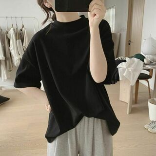 25☆10　プチハイネックシャツ　ブラック　レディース　コットン　半袖　シンプル(Tシャツ(半袖/袖なし))