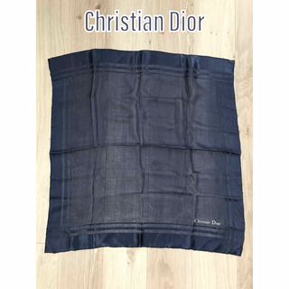 クリスチャンディオール(Christian Dior)の【美品】クリスチャンディオール シルク100% スカーフ ハンカチーフ ネイビー(バンダナ/スカーフ)