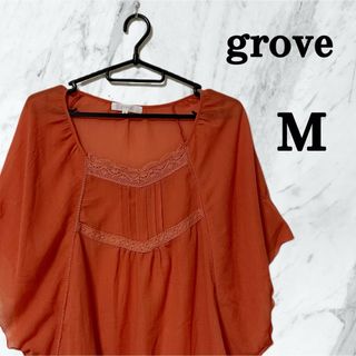 グローブ(grove)のgrove グローブ　ブラウス　M オレンジ　半袖　ゆったり　レース　フリル(シャツ/ブラウス(半袖/袖なし))