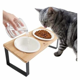 未使用　猫食器　ネコボウル　ねこ　食器スタンド　竹製　陶製 フードボウル(猫)