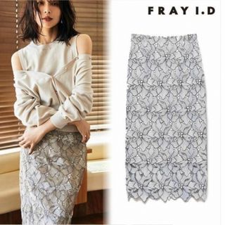 フレイアイディー(FRAY I.D)のほぼ新品使用感なしFRAY I.D バイカラーケミカルレースタイトSK　限定色M(ひざ丈スカート)