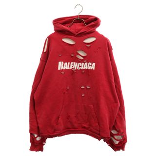 バレンシアガ(Balenciaga)のBALENCIAGA バレンシアガ 21SS Caps Destroyed Hoodie キャップス デストロイド フーディ プルオーバースウェットパーカー ダメージ加工 レッド 659403 TKVB6(パーカー)