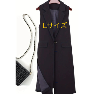 おしゃれロングジレ　ノースリーブコート　体型カバーロング羽織り　新品黒ジレ(ベスト/ジレ)