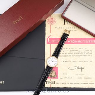 ピアジェ(PIAGET)のPIAGET ピアジェ ROUND ラウンド 90239 手巻き Cal.9P2 YG 革 純正尾錠（750） ホワイト文字盤 箱 保証書（1989年）(腕時計(アナログ))