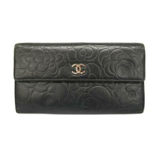 シャネル(CHANEL)の【4ia0364】シャネル 長財布/カメリア/ラムスキン/ブラック/シルバー金具 【中古】 レディース(財布)