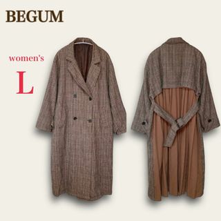 BEGUM　千鳥チェック バックプリーツ　 ロングコート　L　トレンチコート風