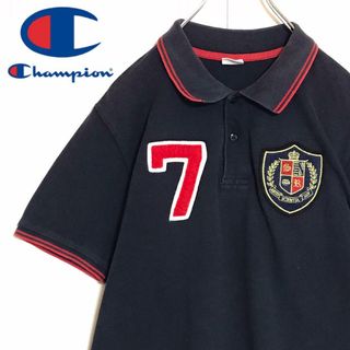 チャンピオン(Champion)の【人気L】チャンピオン　袖ロゴ入りポロシャツ　ネイビー　ワッペン　H773(ポロシャツ)