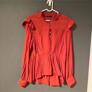 ザラ(ZARA)のZARA ザラ　シアーシャツ　長袖　レッド　赤(シャツ/ブラウス(長袖/七分))