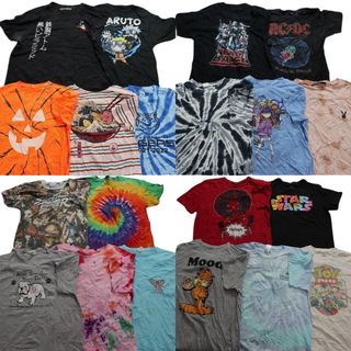 古着卸 まとめ売り カラーmix プリント 半袖Tシャツ 20枚セット (メンズ L ) キャラクター タイダイ 映画 アニメ ラーメン MS7904(その他)