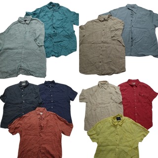 古着卸 まとめ売り 半袖シャツ 無地系リネン 10枚セット (メンズ XL ) カラーMIX ブルー イエロー レッド 胸ポケット MS7923(シャツ)