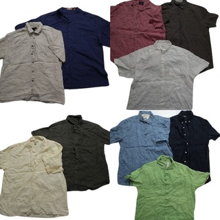 古着卸 まとめ売り 半袖シャツ無地系リネン 10枚セット (メンズ XL /2XL ) カラーMIX ブルー ブラック グリーン イエロー胸ポケット MS7921(シャツ)