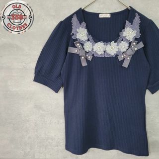 アクシーズファム(axes femme)のアクシーズファム リボン レース ビジュー付き 半袖 カットソー ネイビー M(Tシャツ(半袖/袖なし))