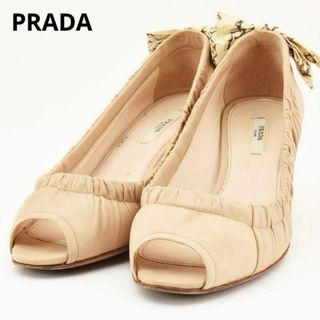 プラダ(PRADA)のプラダ　オープントゥ　ギャザー　リボン付き　レザー　パンプス　ベージュ　３７(ハイヒール/パンプス)