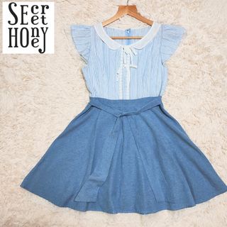 シークレットハニー(Secret Honey)のシークレットハニー　ミニワンピース　花　刺繍　レース　ストライプ　リボン　水色(ミニワンピース)