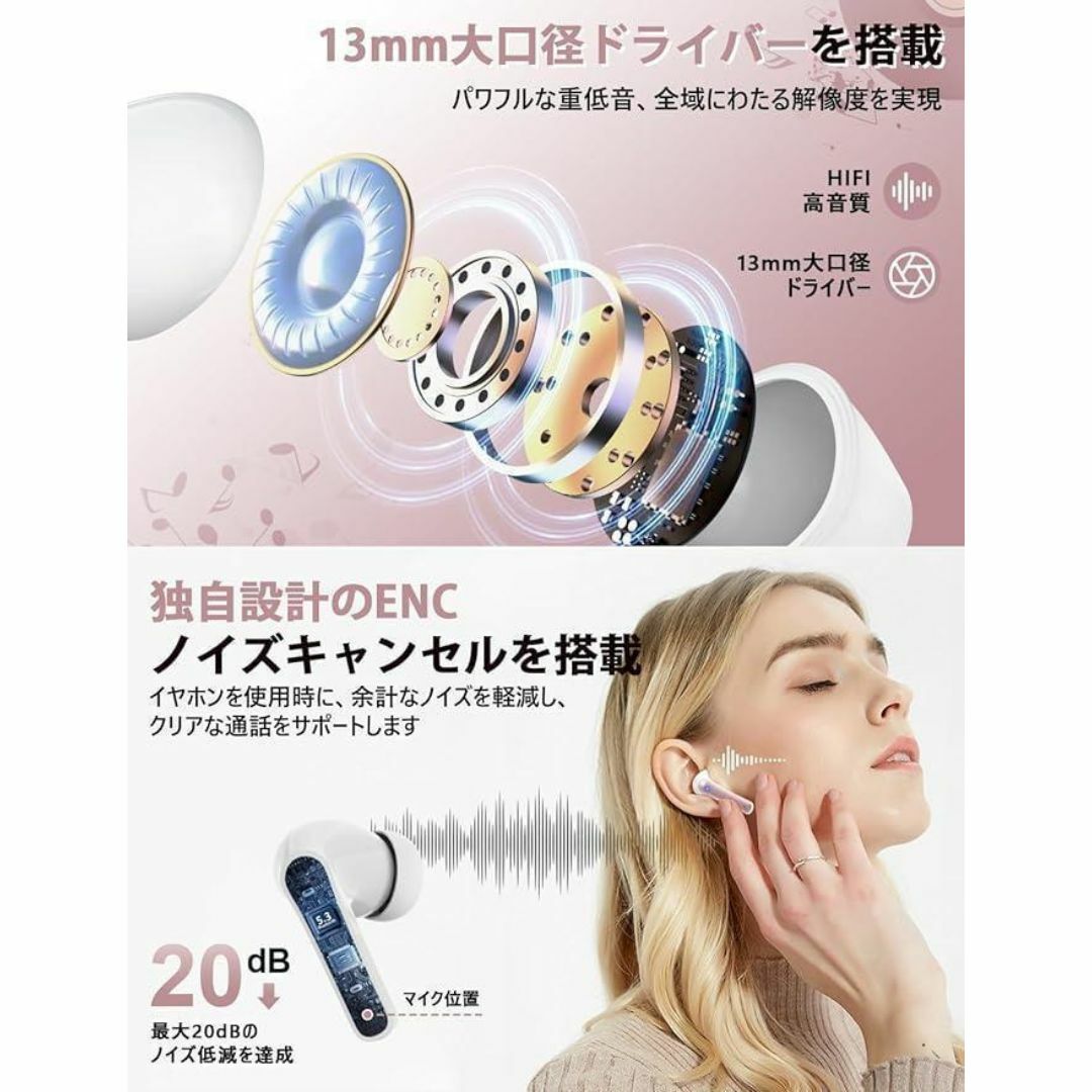 2024最新 ワイヤレスイヤホン Bluetoothノイズキャンセリング ピンク スマホ/家電/カメラのオーディオ機器(ヘッドフォン/イヤフォン)の商品写真