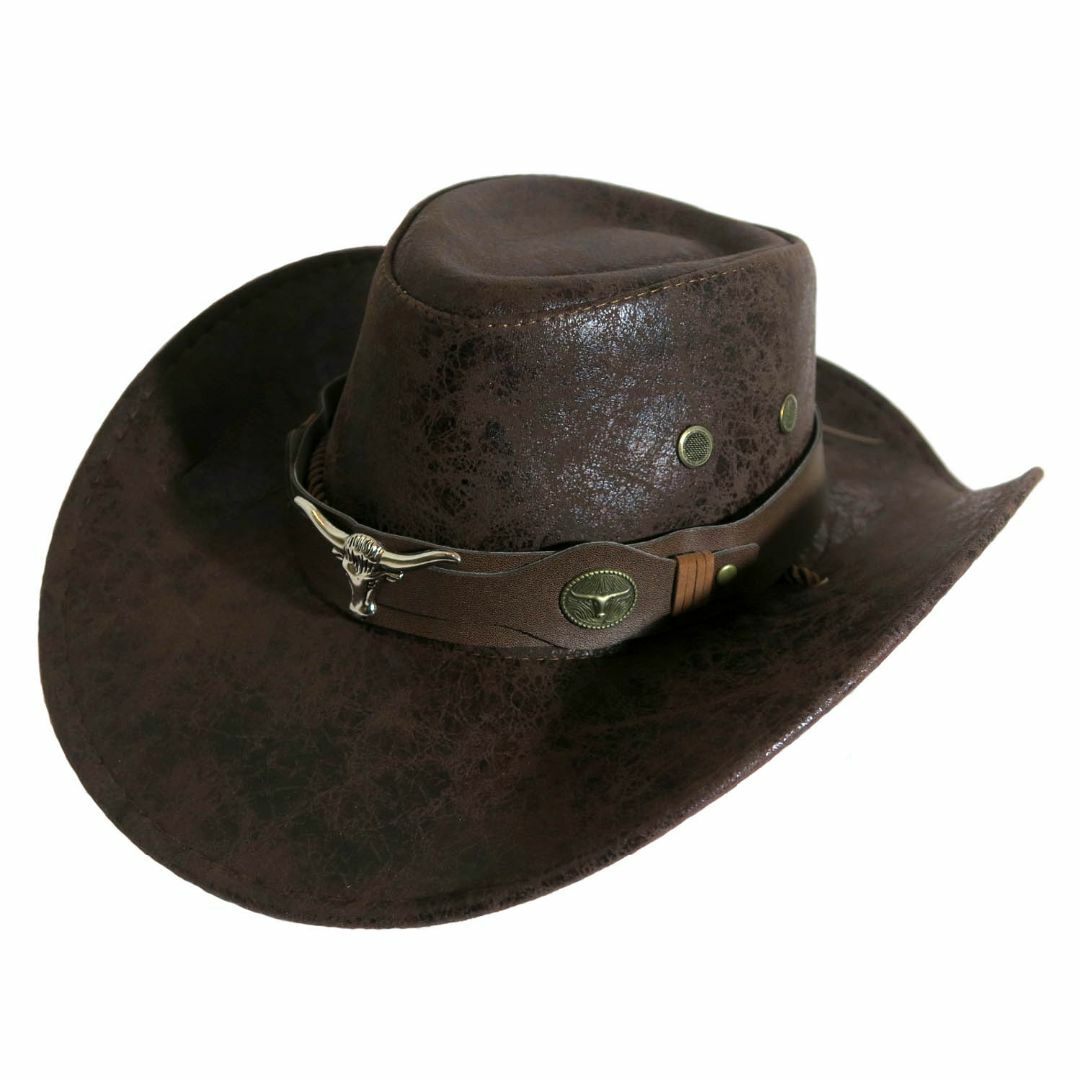 ウエスタンハット 茶色 ブラウン フェイクレザー テンガロンハット カウボーイ メンズの帽子(ハット)の商品写真