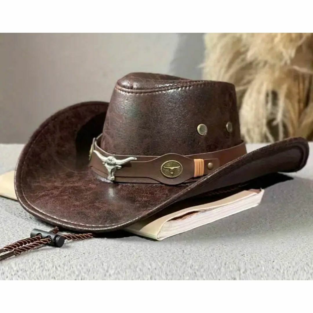 ウエスタンハット 茶色 ブラウン フェイクレザー テンガロンハット カウボーイ メンズの帽子(ハット)の商品写真