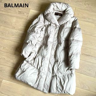 バルマン(BALMAIN)のBALMAIN　バルマン　グレージュ　ロング　ダウンコート　Lサイズ　格子柄(ダウンジャケット)