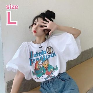 【大人気】バルーン袖 プリント トップス L ホワイト Tシャツ カジュアル(Tシャツ(半袖/袖なし))