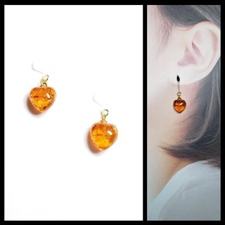 No.1487-E　琉球ガラス♡ちっちゃなハート☆ピアス・イヤリング(オレンジ)(ピアス)