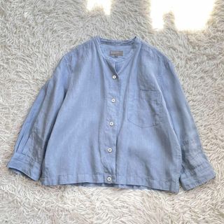 マーガレットハウエル(MARGARET HOWELL)の【美品】マーガレットハウエル　リネン100% シャツ ブラウス　バンドカラー　青(シャツ/ブラウス(長袖/七分))