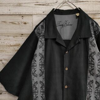 【635】海外古着トミーバハマ　ヴィンテージ　シルク混キューバシャツ　刺繍柄　黒(シャツ)
