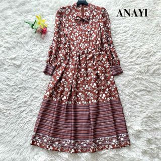 アナイ(ANAYI)の【美品】アナイ ロング丈 ワンピース ボウタイ 総柄 切替 レッド S(ロングワンピース/マキシワンピース)