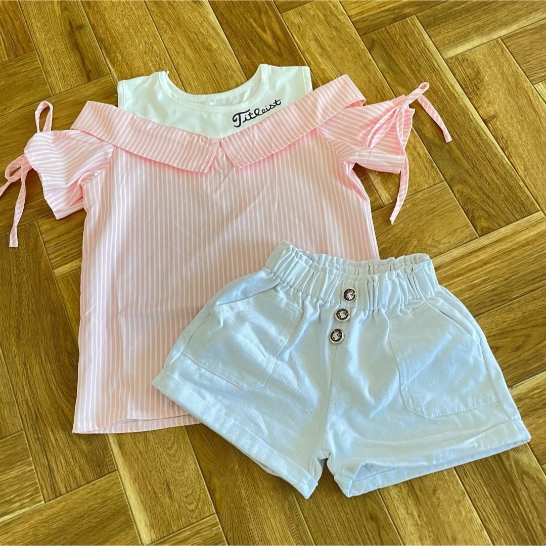 【2点セット】オープンショルダー ストライプシャツ ボタン ショート パンツ  キッズ/ベビー/マタニティのキッズ服女の子用(90cm~)(その他)の商品写真