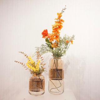 フラワーベース/ガラス/新品/2個セット/造花付き/ナチュラル(花瓶)