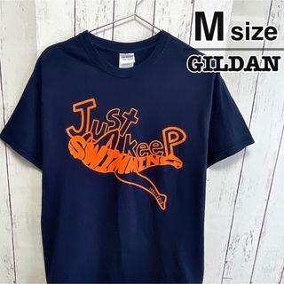 ギルタン(GILDAN)のUSA古着　GILDAN　Tシャツ　M　ネイビー　オレンジ　プリント　スイミング(Tシャツ/カットソー(半袖/袖なし))