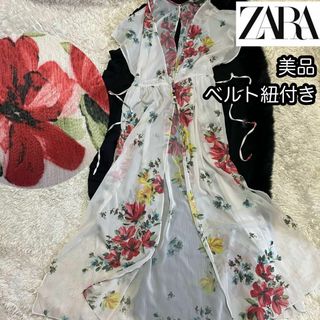 ザラ(ZARA)の美品【ZARA ザラ】リボン紐ベルト付き ロングワンピース ジレ 総柄 花柄(ロングワンピース/マキシワンピース)