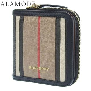 BURBERRY - BURBERRY(バーバリー) 二つ折り財布 コンパクト財布 2つ折り アイコンストライプ ミニウォレット PVC レザー ベージュ ブラック黒 ゴールド金具 8032955 ユニセックス 40802093571【中古】【アラモード】