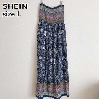 シーイン(SHEIN)のSHEIN シーイン マキシ ロング ワンピース エスニック 柄 花柄 青 L(ロングワンピース/マキシワンピース)