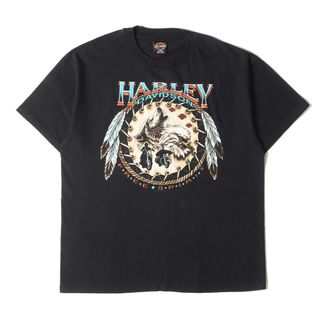 HARLEY-DAVIDSON ハーレーダビッドソン Tシャツ サイズ:XL 90s R.K.STRATMAN ネイティブ イーグル&ウルフ クルーネック 半袖Tシャツ USA製 / Hanesボディ ブラック 黒 90年代 ヴィンテージ 古着 トップス カットソー【メンズ】【中古】(Tシャツ/カットソー(半袖/袖なし))