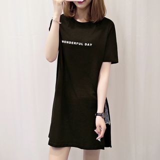 【タイムセール】スリット　韓国　レディース　tシャツ　黒　ブラック　ロゴ(Tシャツ(半袖/袖なし))