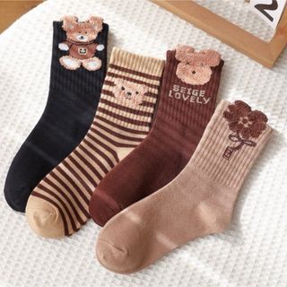 ENDO SOCKS 熊と花デザイン4点組み合わせ　子供靴下　親子靴下(靴下/タイツ)