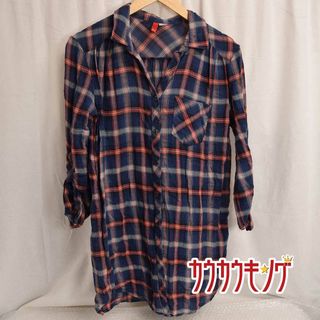 H&M DIVIDED ロング丈 チェック シャツ 34 ネイビー/オレンジ レディース(その他)