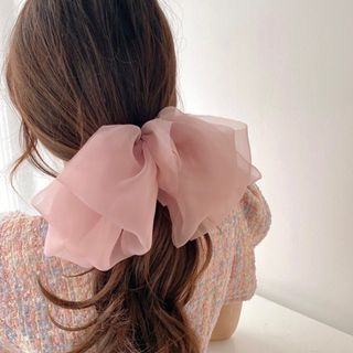 韓国　バレッタ　ヘアアクセ ピンク ヘアクリップ リボン 冠婚葬祭 大きめ　春(バレッタ/ヘアクリップ)